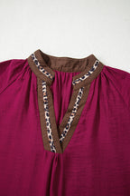 Violet Leopard Trim V Neck Flounced Bracelet Sleeve Blouse