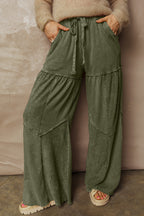 Vineyard Green Mineral Wash Tiered Wide Leg Patchwork Drawstring Pants