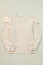 Jet Stream Solid Color Ruffled Shoulder Long Sleeve Blouse