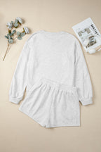 Light Grey Girly Bow Embroidered Detail Puff Sleeve Pullover 2pcs Short Set