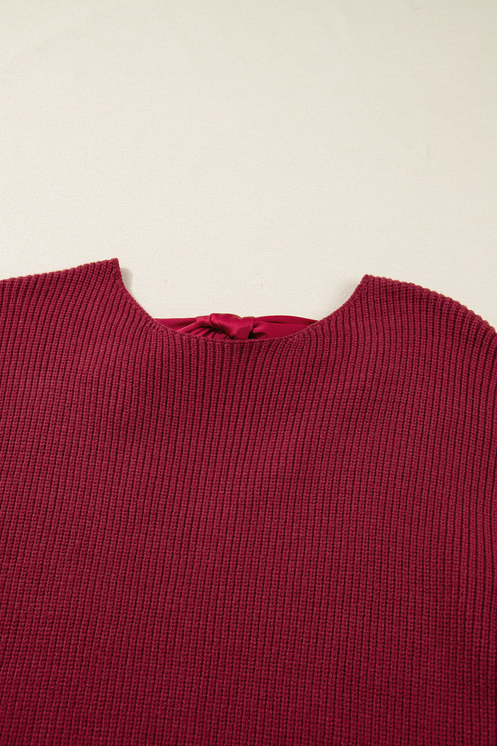Red Dahlia Ribbed Knit Ribbon Knot Backless Drop Shoulder Sweater