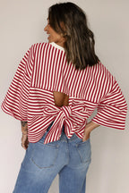Red Stripe Bowknot Cutout Back Drop Shoulder Wide Bracelet Sleeve Loose Tee