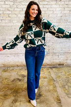 Blackish Green Checkered Bow Print Casual Sweater