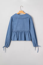 Dusk Blue Denim Lapel Neck Balloon Sleeve Tied Peplum Top