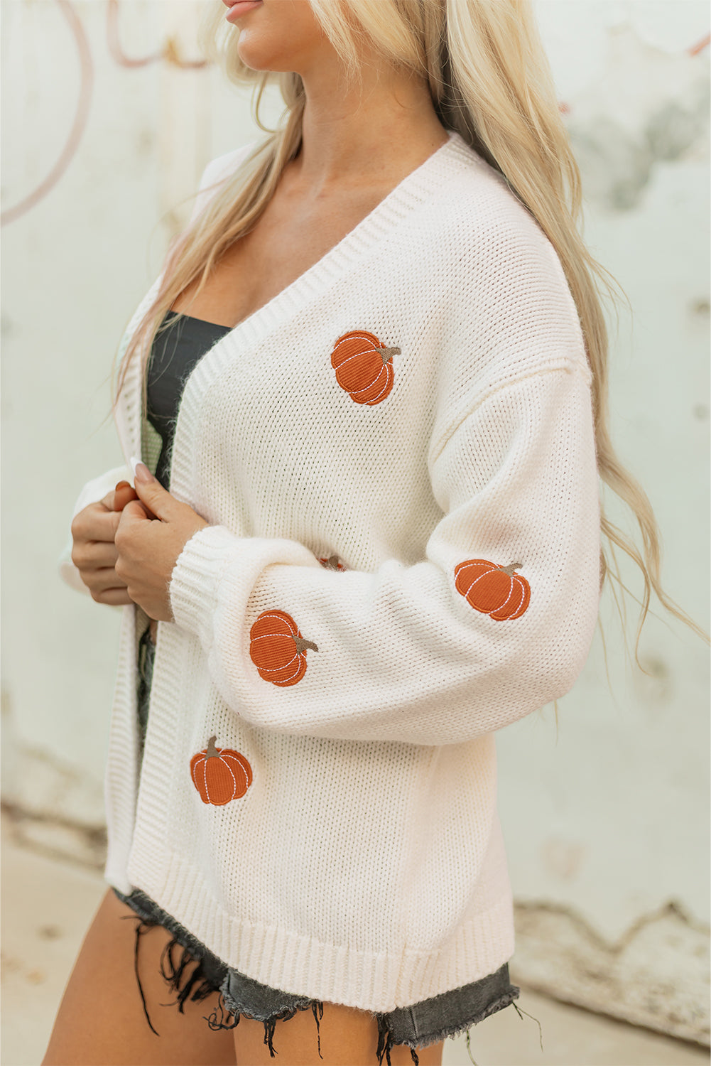 White Pumpkin Print Open Front Drop Shoulder Midi Cardigan