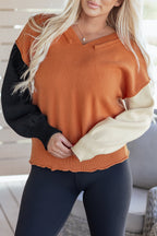 Desert Gold Colorblock Raw Edge Bubble Sleeve V Neck Sweater