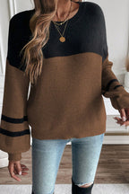 Dark Brown Color Block Knit Striped Sleeve Detail Casual Sweater