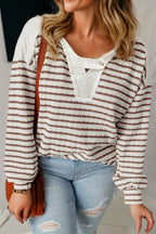 Khaki Stripe Buttoned V Neck Textured Hooded Plus Size Top