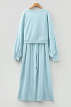 Mist Blue Drop Shoulder Puff Sleeve Crop Pullover Drawstring Wide Leg Pants Set