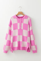 Pink Checkerboard Half Button Collared Drop Shoulder Sweater