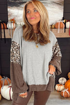 Gray Color Block Leopard Patchwork Dolman Sleeve High Low Baggy Sweatshirt