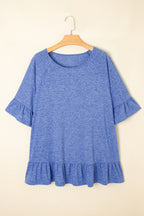 Dusk Blue Ruffled Short Sleeve Plus Size Casual Blouse