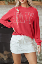 Racing Red Twisted Rib Outlined Merry Letter Graphic Loose Long Sleeve Top