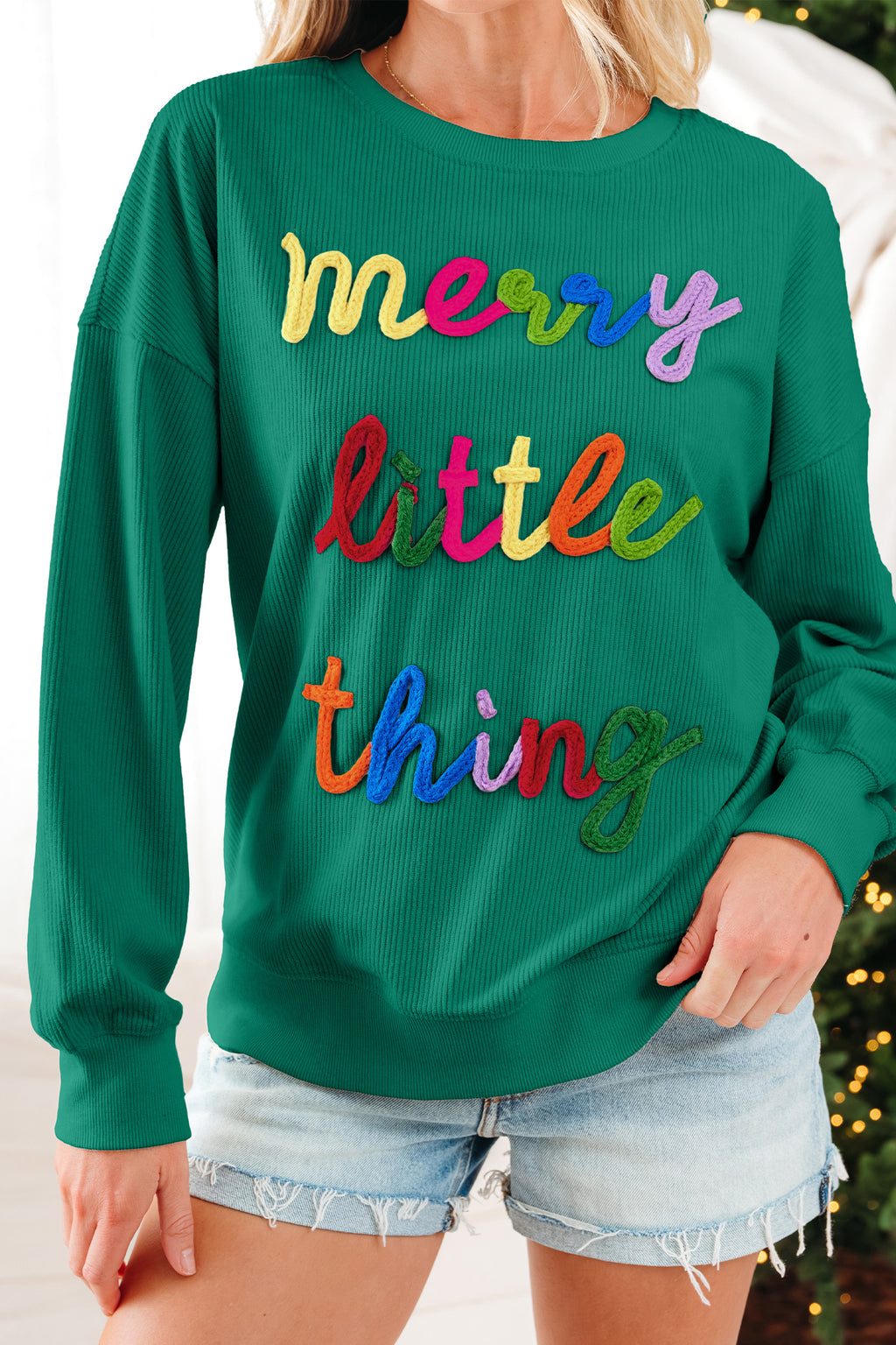 Dark Green merry little thing Corded Letter Graphic Ribbed Loose Sweatshirt
