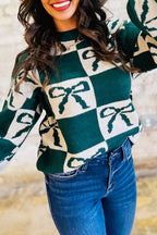Blackish Green Checkered Bow Print Casual Sweater