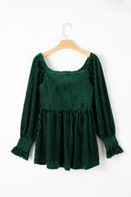 Blackish Green Smocked Ribbed Velvet Babydoll Top