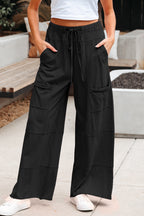 Black Mineral Wash Exposed Seam Drawstring Elastic Waistband Wide Leg Cargo Pants