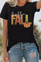 Black Hello Fall Letter Pumpkin Printed Thanksgiving T Shirt