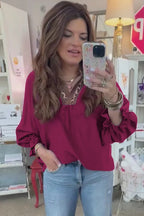 Violet Leopard Trim V Neck Flounced Bracelet Sleeve Blouse