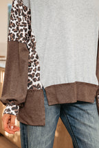 Gray Color Block Leopard Patchwork Dolman Sleeve High Low Baggy Sweatshirt