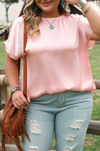 Pink Metallic Gloss Short Batwing Sleeve Plus Size Top