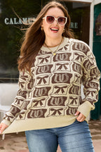 Brown Bow Horseshoe Print Checkered Plus Size Sweater
