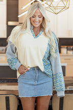 Beige Floral Striped Drop Sleeve Collared Boxy Fit Sweatshirt