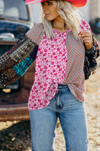 Pink Boho Mixed Floral Drop Shoulder Bubble Sleeve Blouse