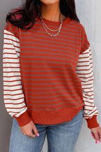 Orange Stripe Contrast Sleeve Patchwork Drop Shoulder Long Sleeve Sweatshirt