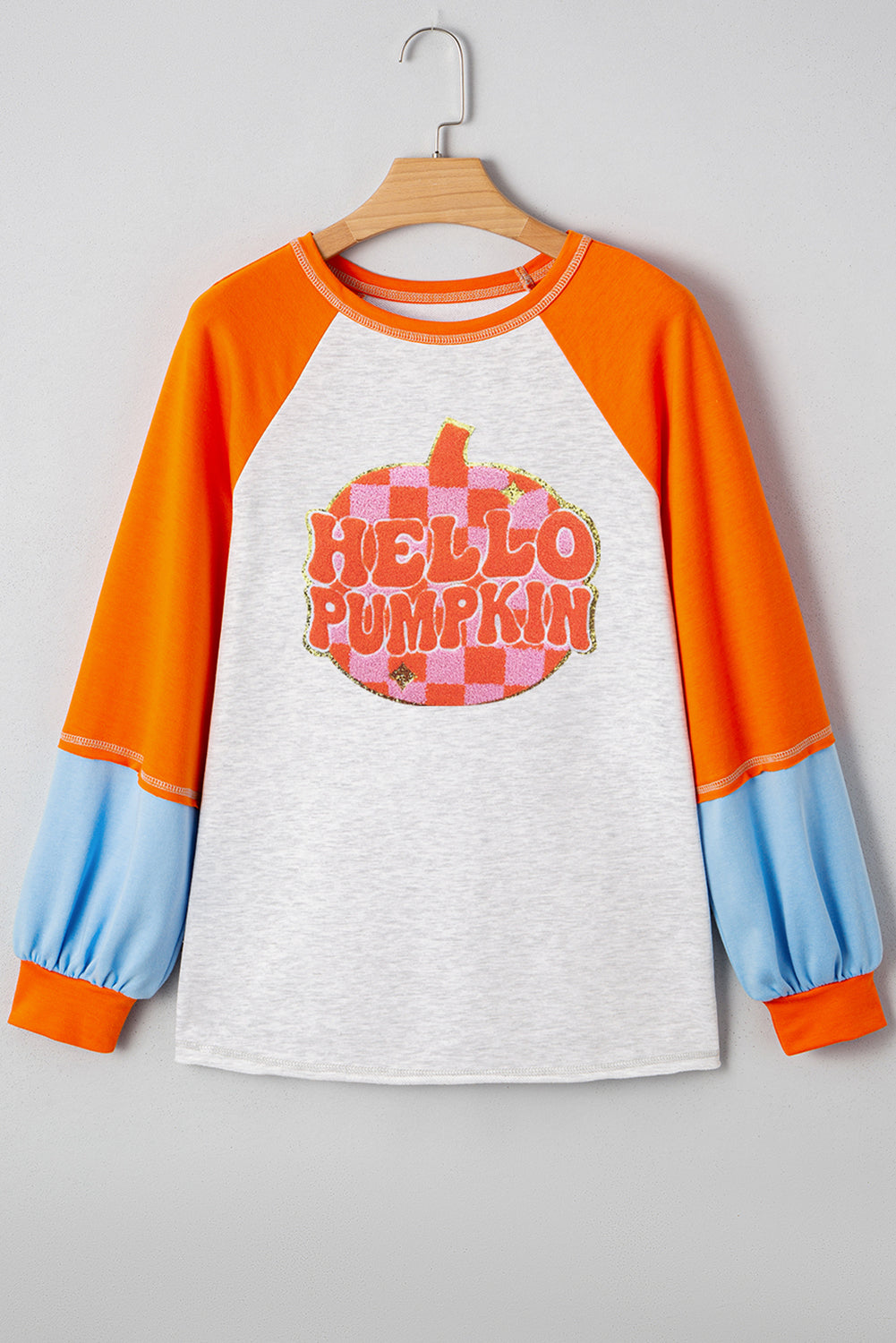 Light Grey HELLO PUMPKIN Patched Graphic Colorblock Bubble Sleeve Raglan Top
