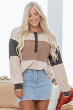 Jet Stream Color Block Waffled Patchwork Loose Henley Top