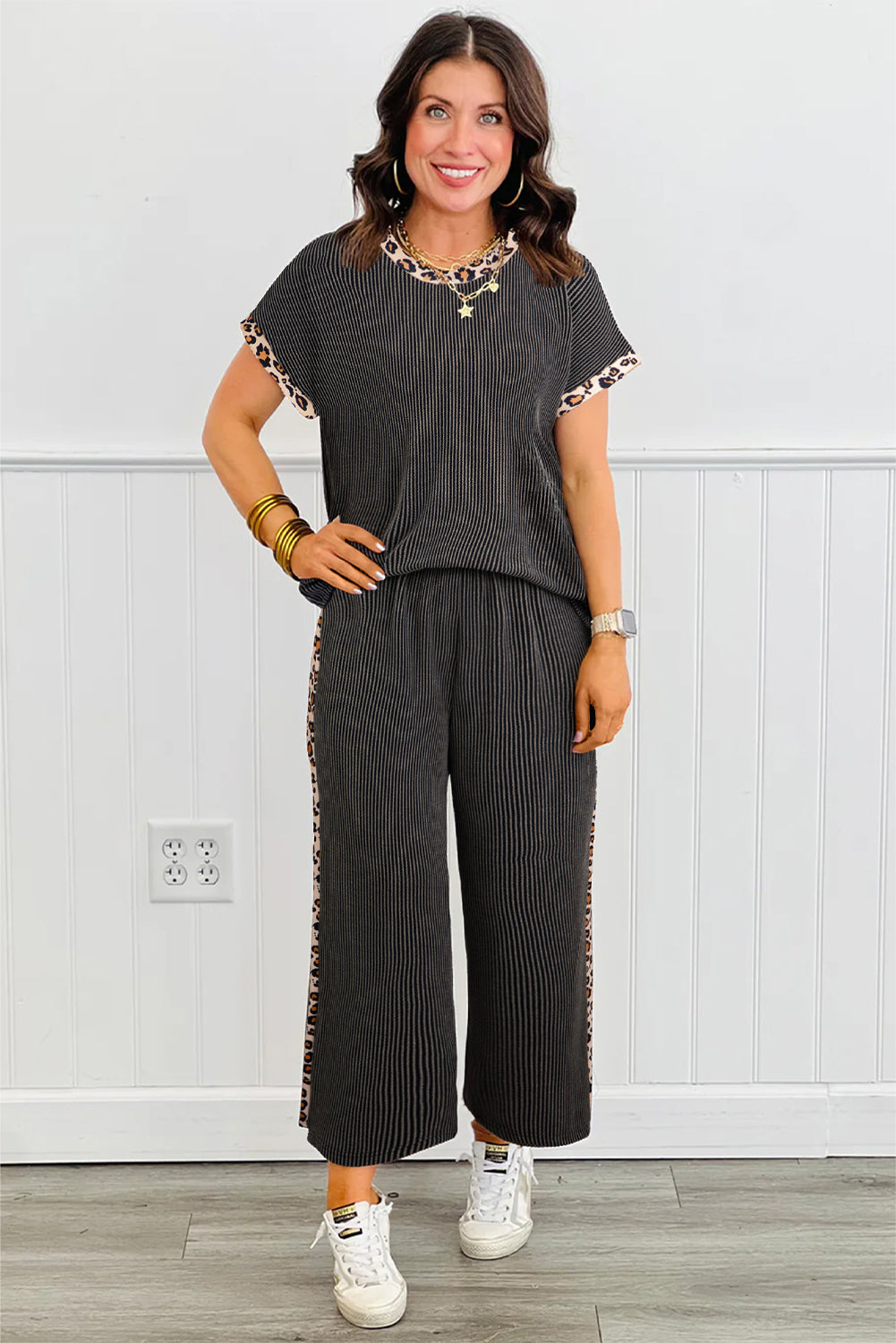 Carbon Grey Leopard Patchwork Edge Twisted Rib T Shirt and Cropped Pants Set