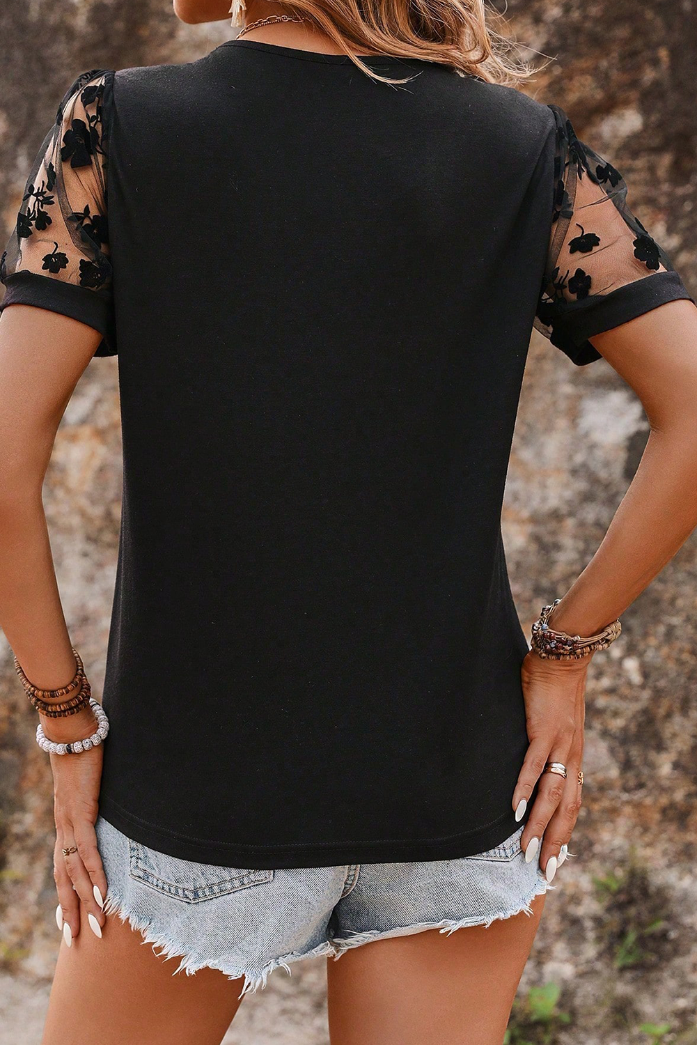 Black Floral Mesh Patchwork Loose V Neck Plus Size T Shirt