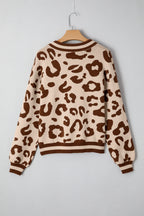 Light French Beige Leopard Printed Knit V Neck Casual Sweater