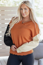 Desert Gold Colorblock Raw Edge Bubble Sleeve V Neck Sweater