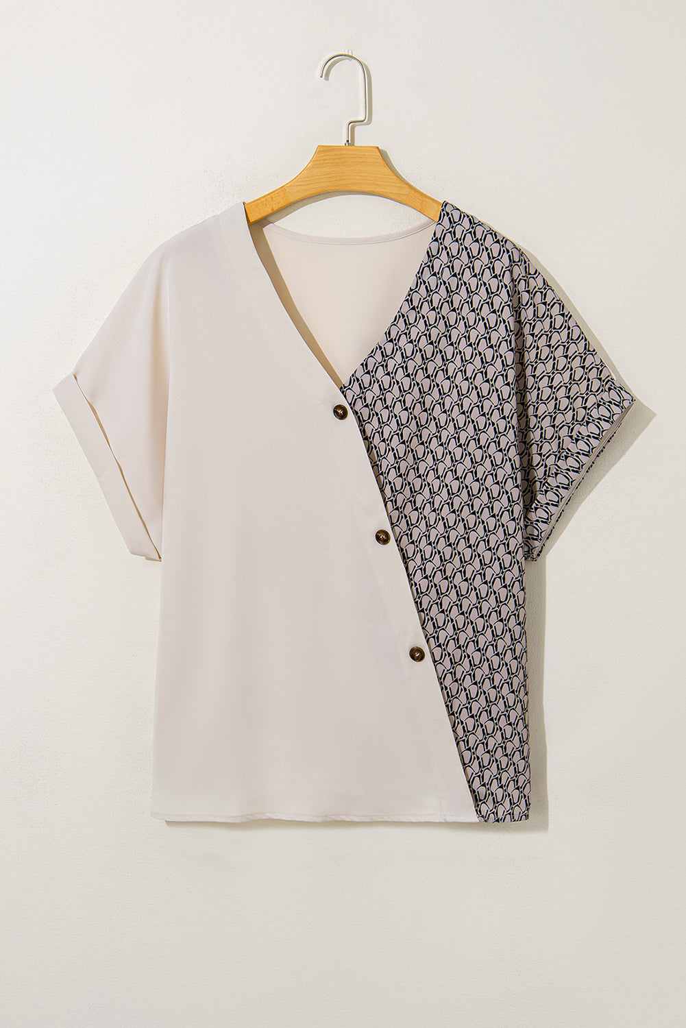 Oatmeal Contrast Geometric Print Patchwork V Neck Short Sleeve Plus Size Top