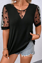 Black Floral Mesh Patchwork Loose V Neck Plus Size T Shirt