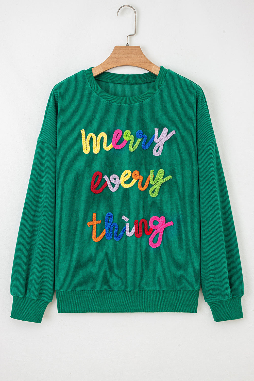 Dark Green merry little thing Corded Letter Graphic Ribbed Loose Sweatshirt