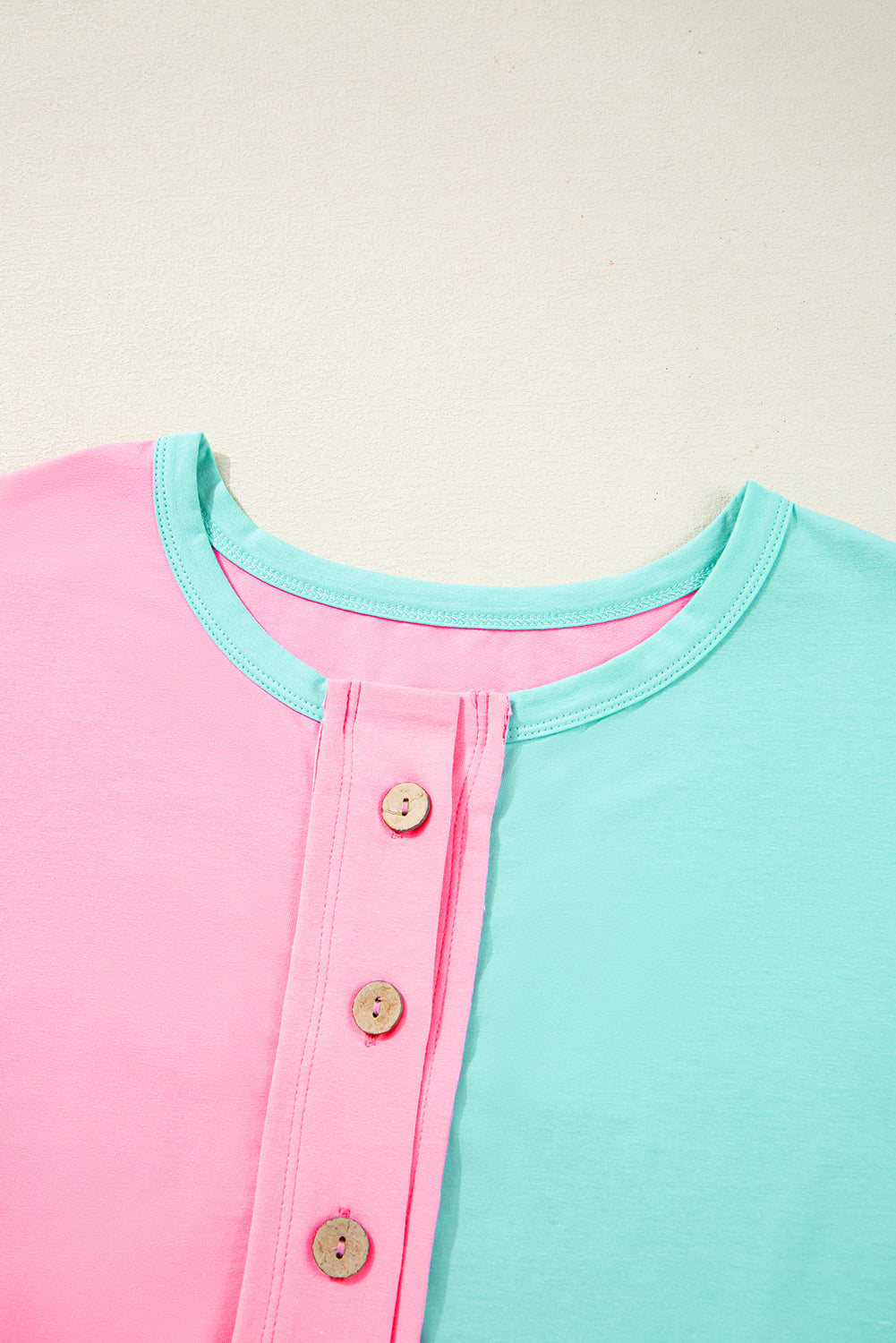 Mint Green Colorblock Patchwork Short Sleeve Buttons Plus Size Henley Top