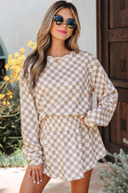 Khaki Checkered Long Sleeve Crop Top High Waist Skort 2pcs Set
