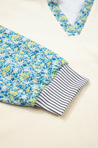 Beige Floral Striped Drop Sleeve Collared Boxy Fit Sweatshirt