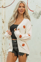 White Pumpkin Print Open Front Drop Shoulder Midi Cardigan