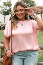 Pink Metallic Gloss Short Batwing Sleeve Plus Size Top