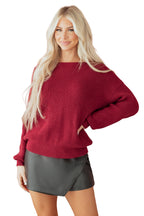 Red Dahlia Ribbed Knit Ribbon Knot Backless Drop Shoulder Sweater