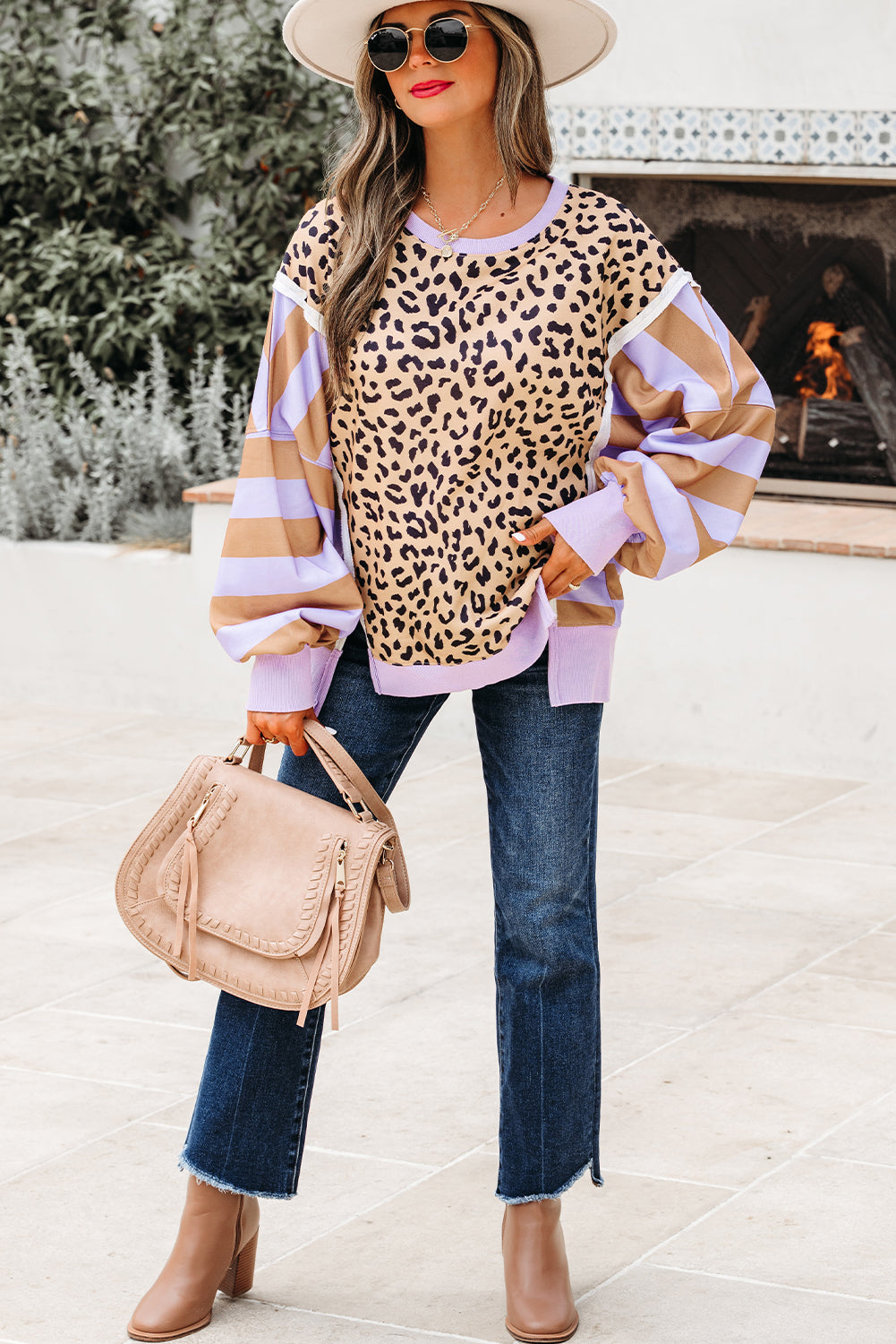 Purple Stripe Color Block Patchwork Leopard Casual Sweatshirt with Slits