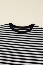 Black Striped Print Drop Shoulder Lace Trim Bracelet Sleeve Loose Top