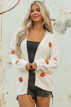 White Pumpkin Print Open Front Drop Shoulder Midi Cardigan
