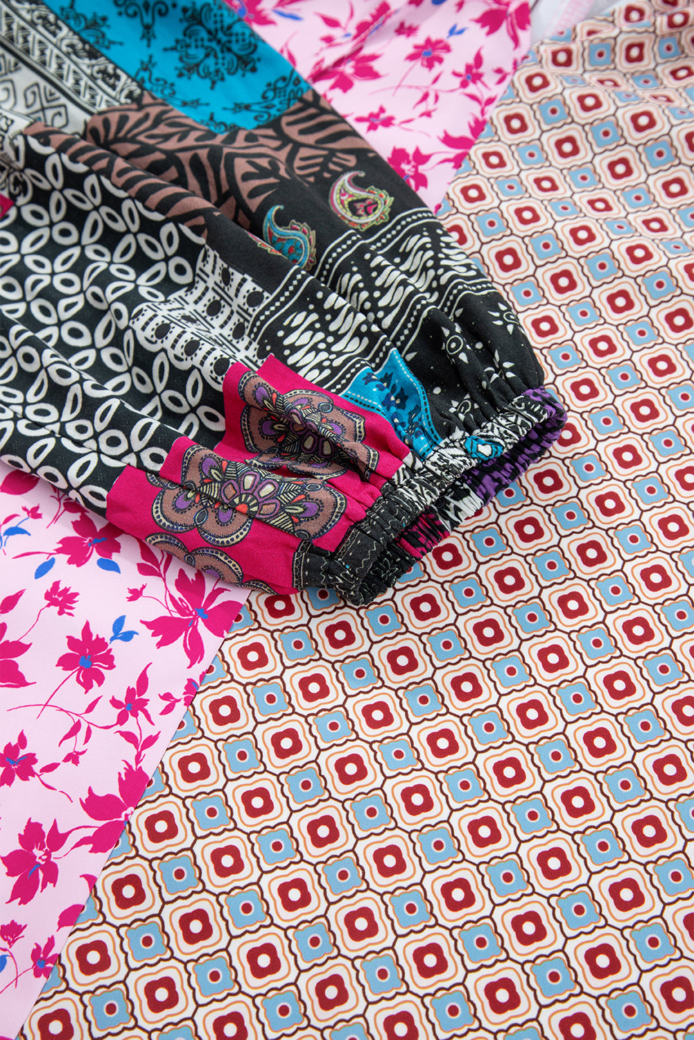 Pink Boho Mixed Floral Drop Shoulder Bubble Sleeve Blouse