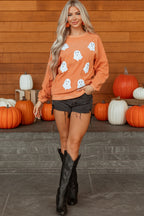 Orange Twisted Ribbed Texture Halloween Ghost Sequin Patched Sweatshirt