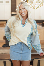 Beige Floral Striped Drop Sleeve Collared Boxy Fit Sweatshirt